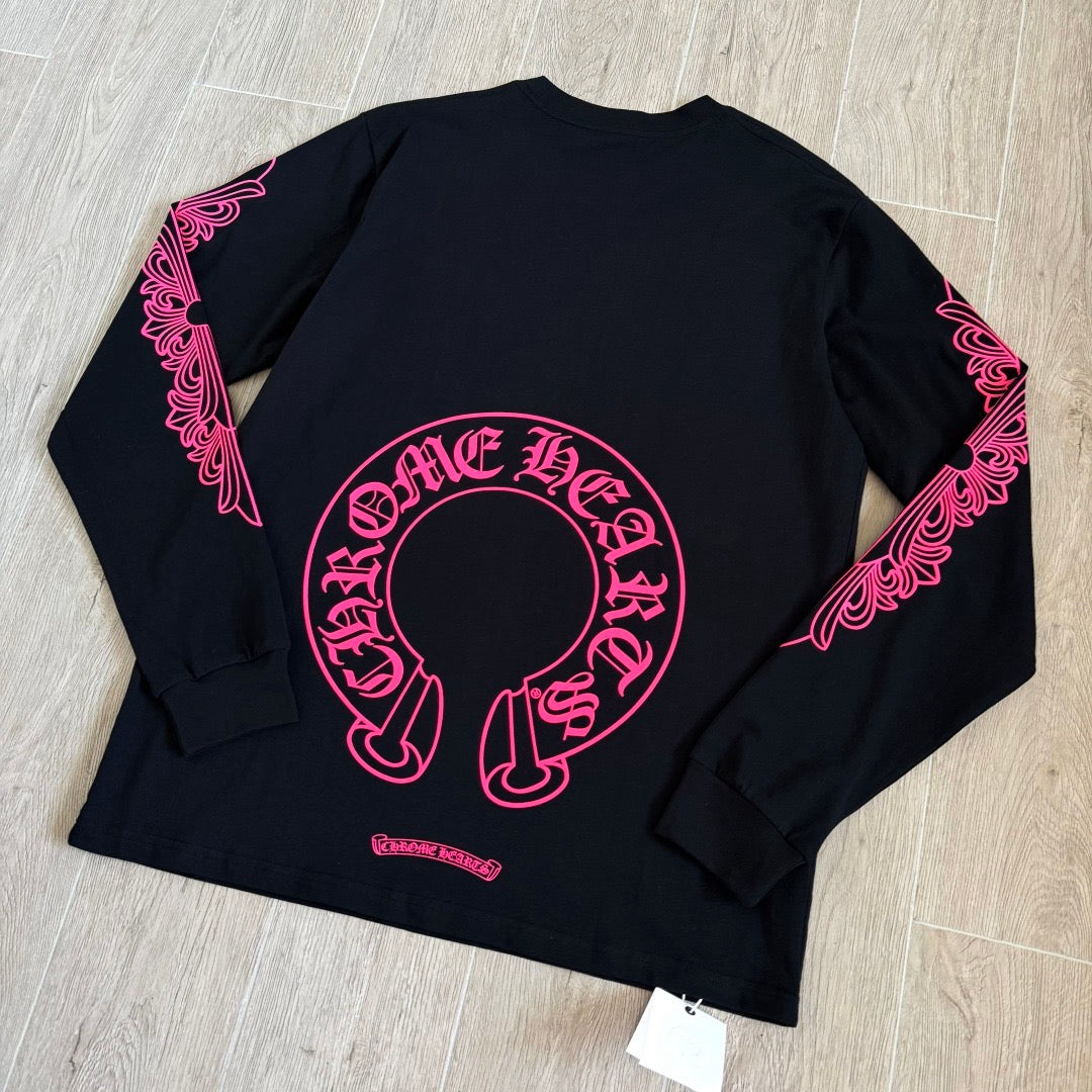 Chrome Hearts Pink Horseshoe Floral Long-Sleeve Pocket T-Shirt