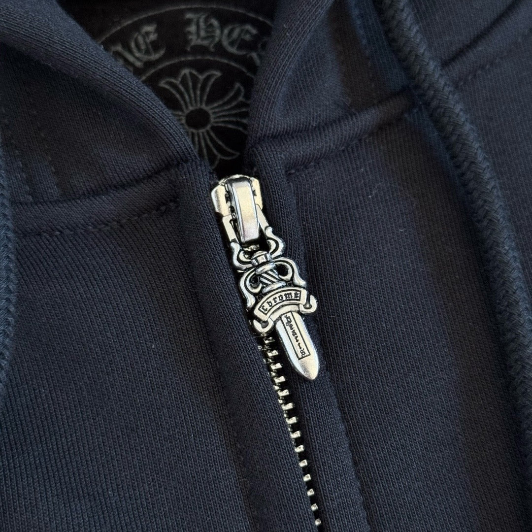 Chrome Hearts Horseshoe Floral Cross-Sleeve Zip-Up Hoodie – Black/Blue