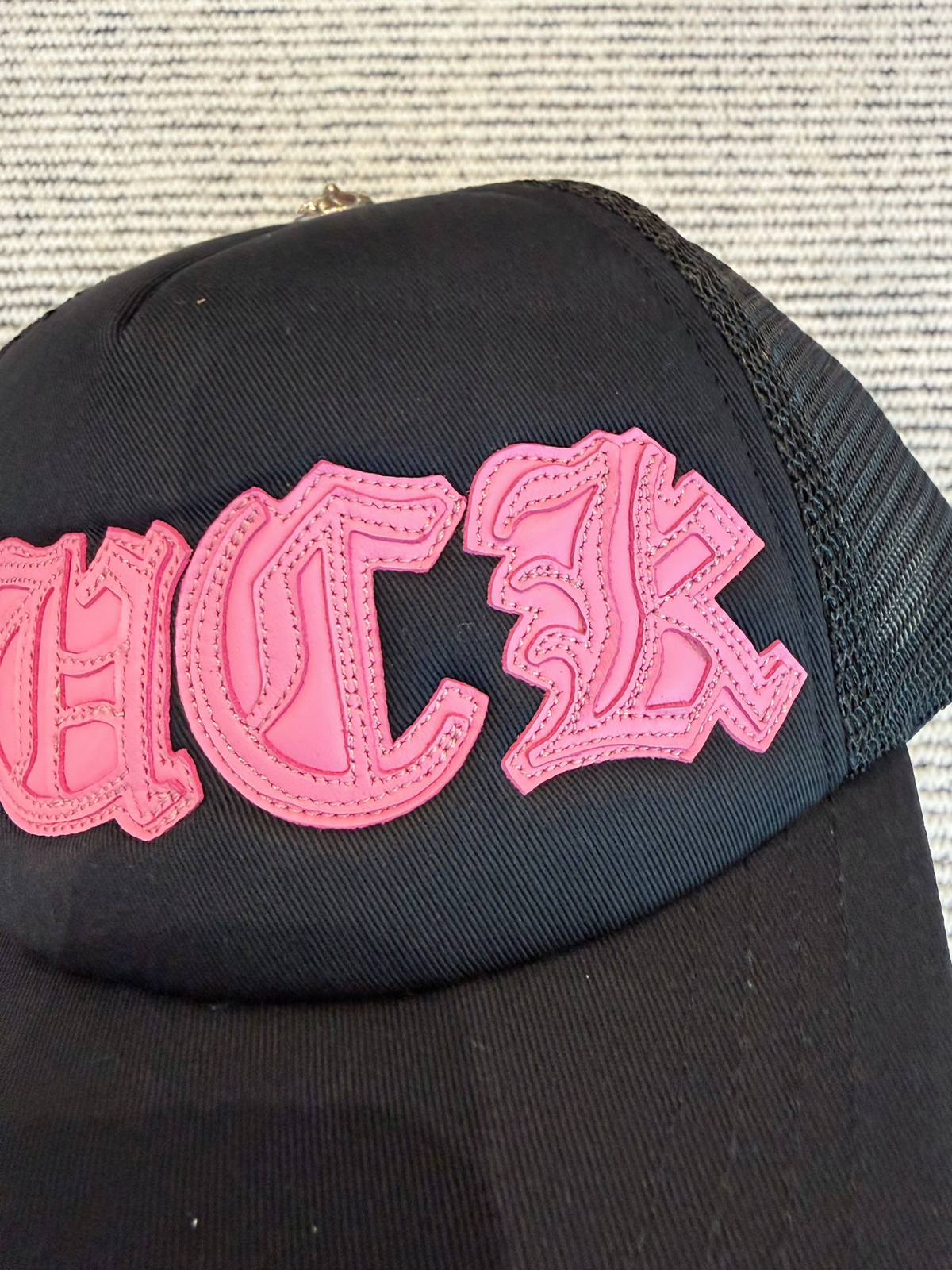 Pink Gothic “FUCK” Leather-Patch Black Trucker Cap