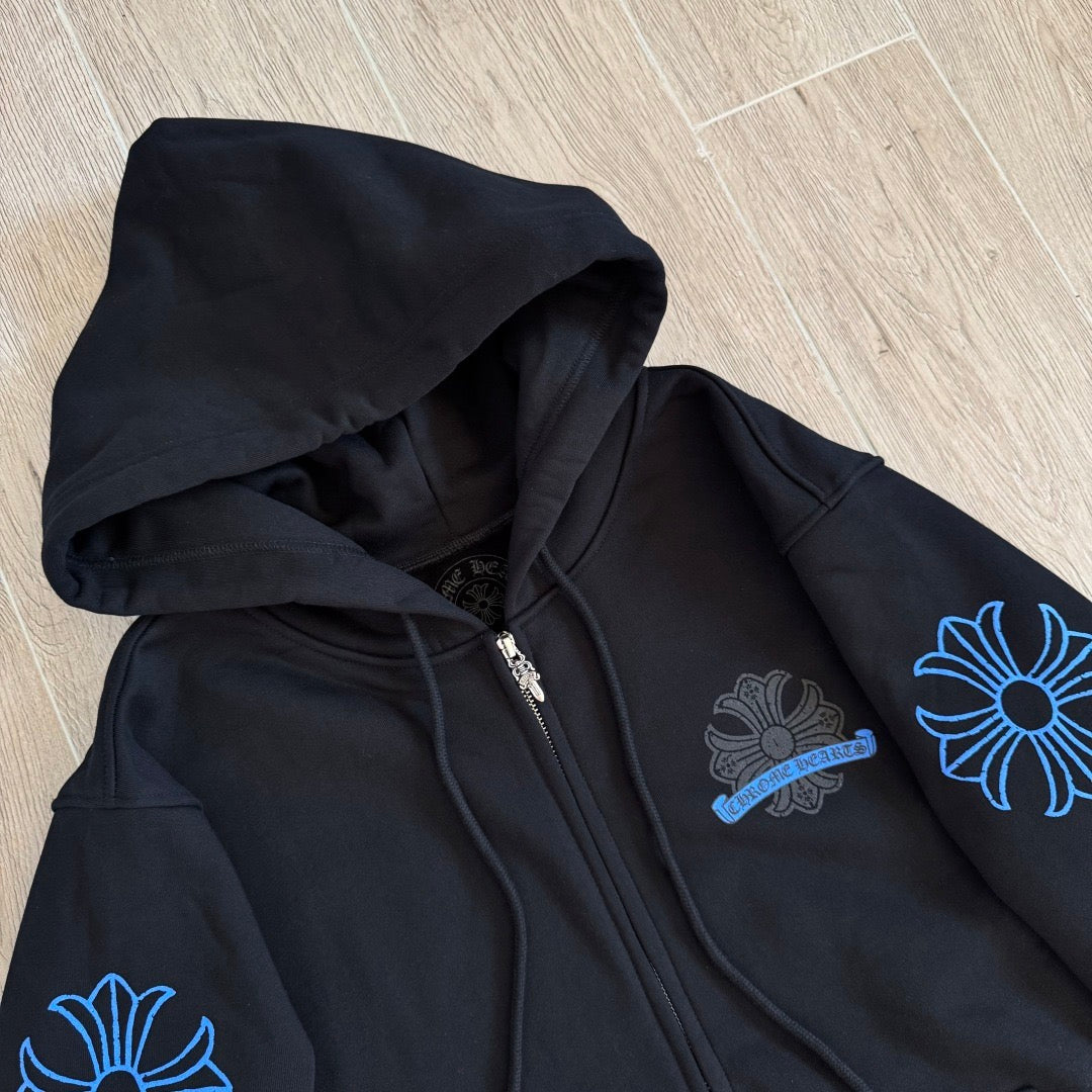 Chrome Hearts Horseshoe Floral Cross-Sleeve Zip-Up Hoodie – Black/Blue