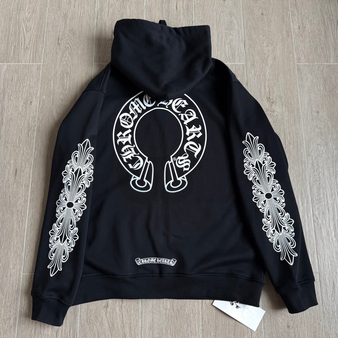 Chrome Hearts Horseshoe Floral Cross-Sleeve Zip-Up Hoodie – Black/White