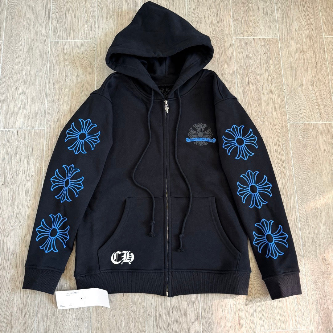 Chrome Hearts Horseshoe Floral Cross-Sleeve Zip-Up Hoodie – Black/Blue