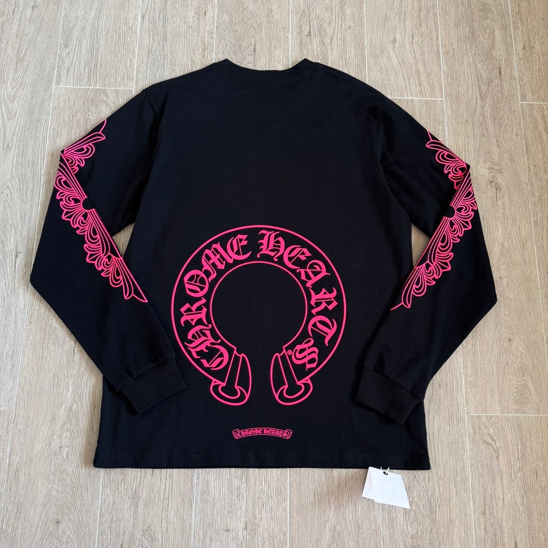 Chrome Hearts Pink Horseshoe Floral Long-Sleeve Pocket T-Shirt
