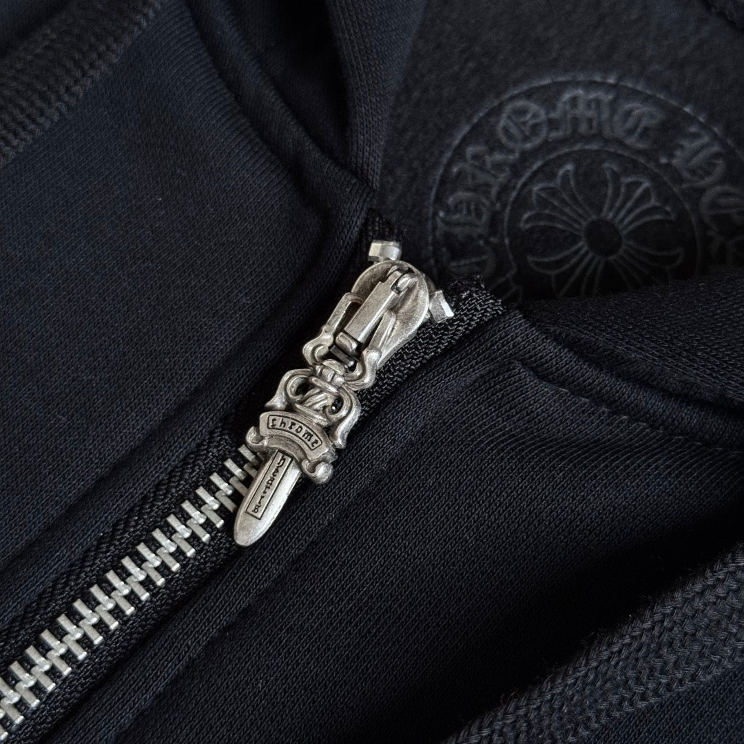 Chrome Hearts Horseshoe Floral Cross-Sleeve Zip-Up Hoodie – Black/White