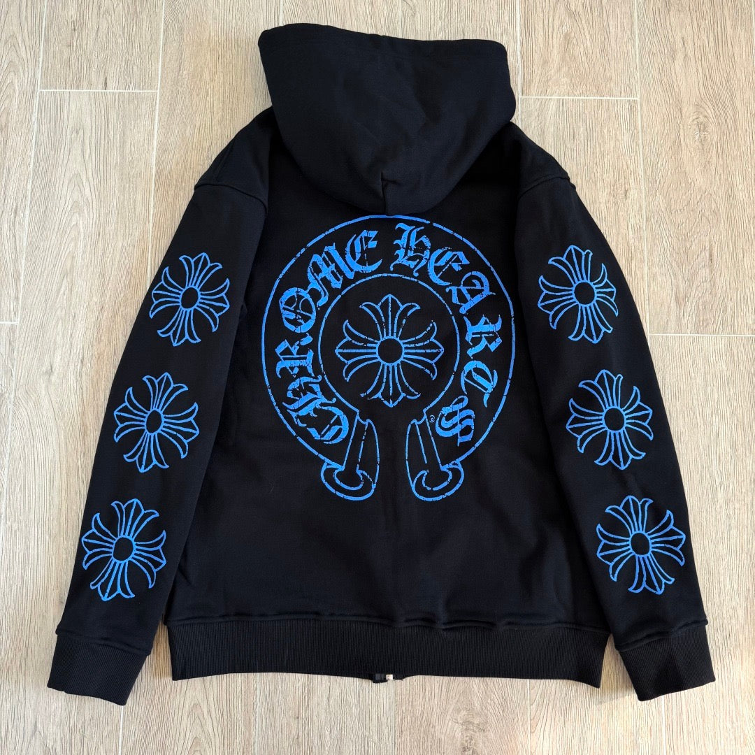 Chrome Hearts Horseshoe Floral Cross-Sleeve Zip-Up Hoodie – Black/Blue
