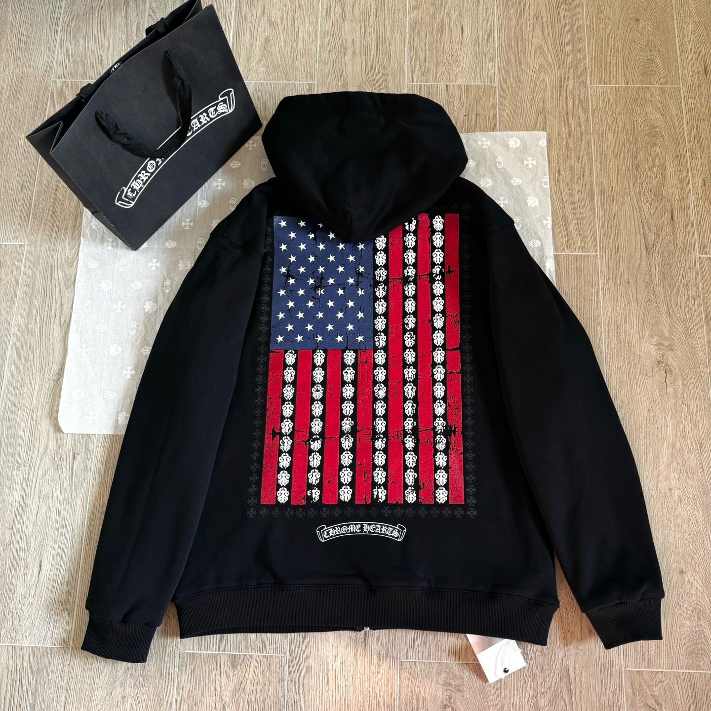Chrome Hearts USA Flag Cross Zip-Up Hoodie – Black
