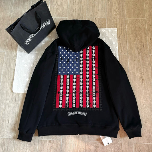 Chrome Hearts USA Flag Cross Zip-Up Hoodie – Black