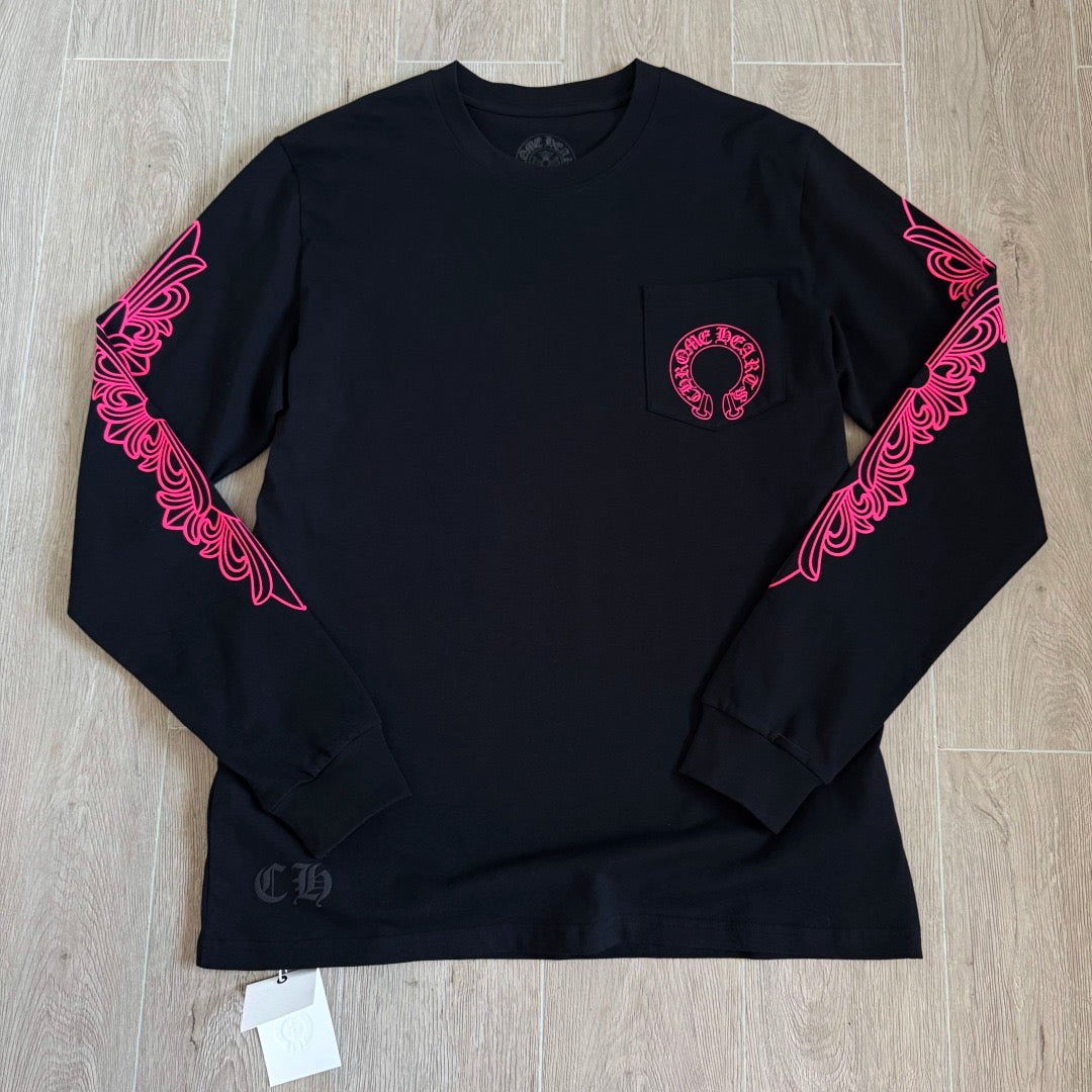 Chrome Hearts Pink Horseshoe Floral Long-Sleeve Pocket T-Shirt