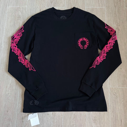 Chrome Hearts Pink Horseshoe Floral Long-Sleeve Pocket T-Shirt