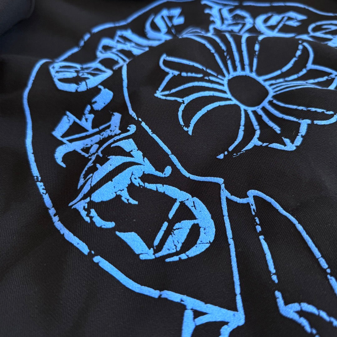 Chrome Hearts Horseshoe Floral Cross-Sleeve Zip-Up Hoodie – Black/Blue