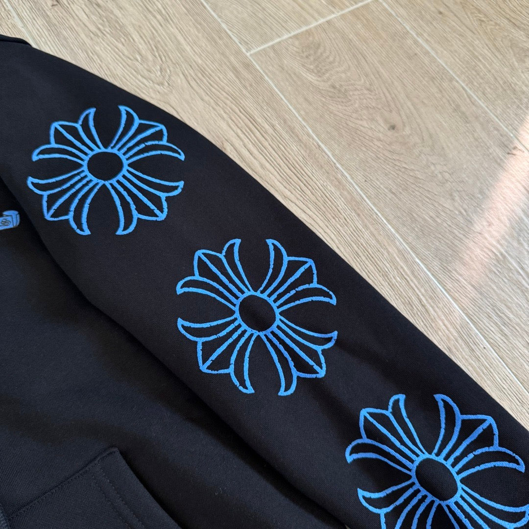 Chrome Hearts Horseshoe Floral Cross-Sleeve Zip-Up Hoodie – Black/Blue