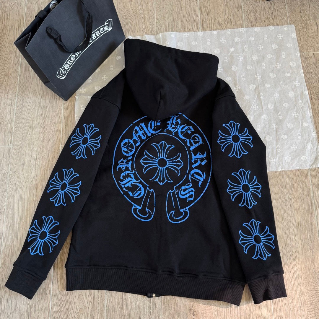Chrome Hearts Horseshoe Floral Cross-Sleeve Zip-Up Hoodie – Black/Blue