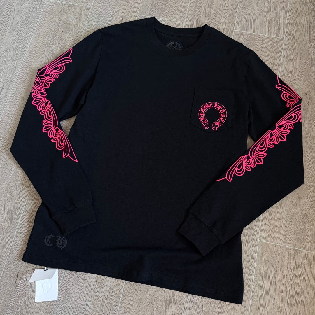 Chrome Hearts Pink Horseshoe Floral Long-Sleeve Pocket T-Shirt