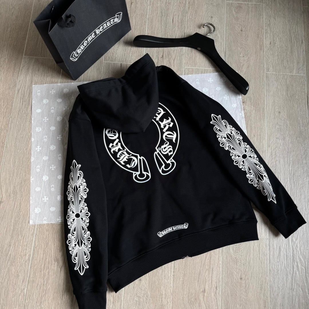 Chrome Hearts Horseshoe Floral Cross-Sleeve Zip-Up Hoodie – Black/White