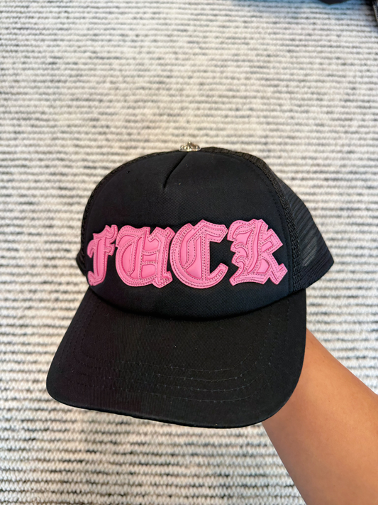 Pink Gothic “FUCK” Leather-Patch Black Trucker Cap