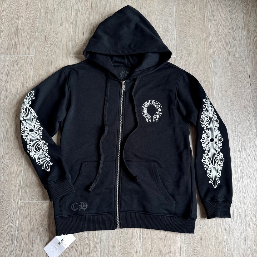 Chrome Hearts Horseshoe Floral Cross-Sleeve Zip-Up Hoodie – Black/White
