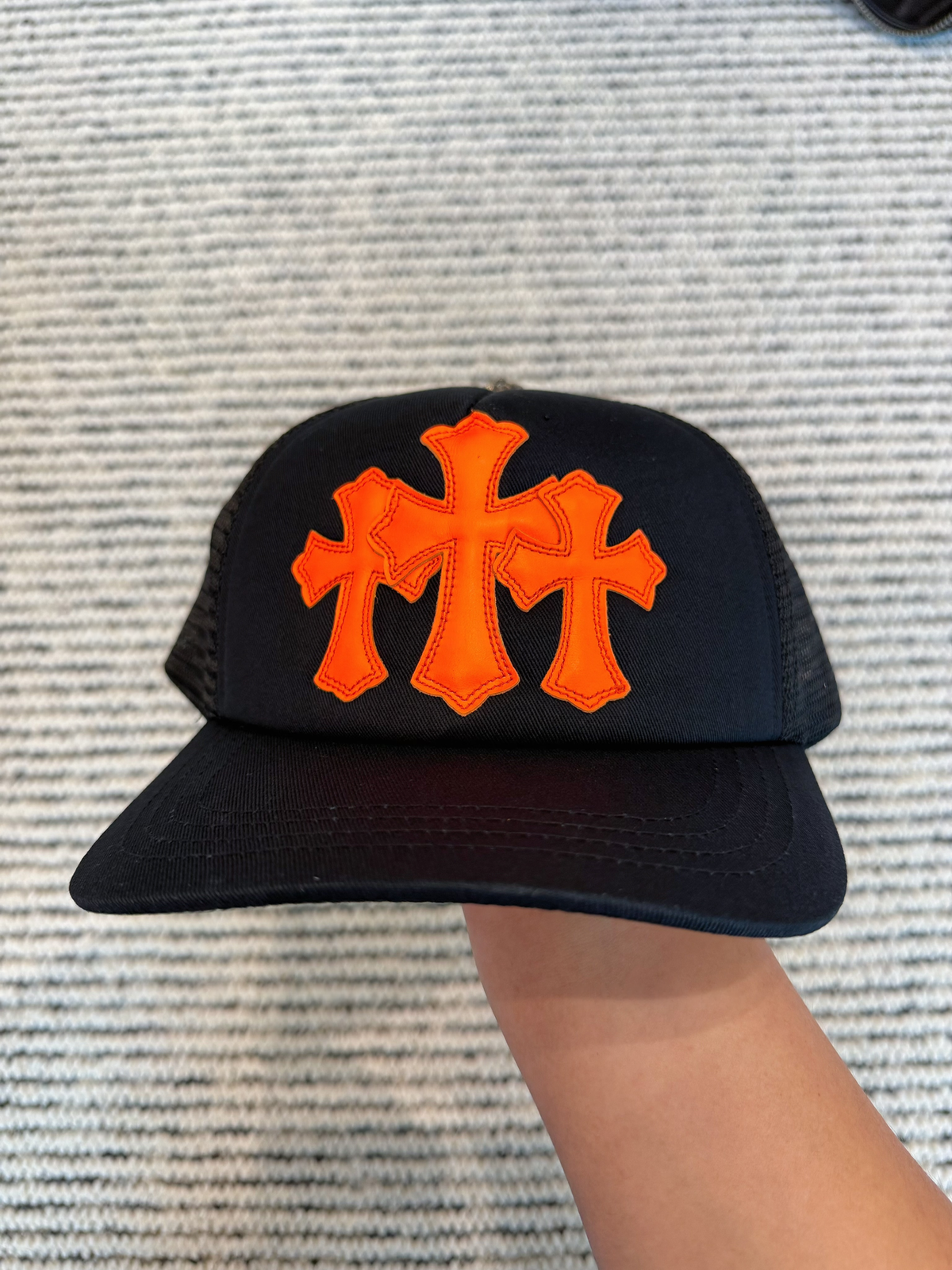Chrome Hearts Orange Triple Cross Patch Leather Trucker Cap