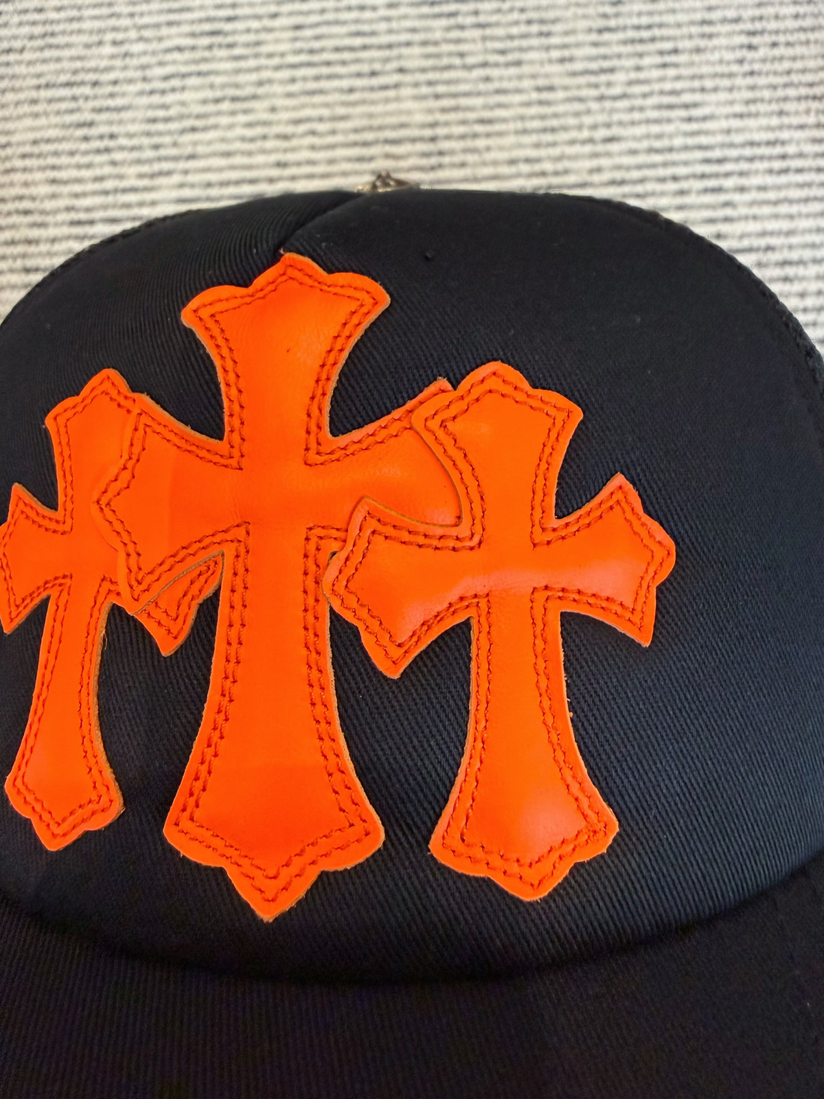 Chrome Hearts Orange Triple Cross Patch Leather Trucker Cap